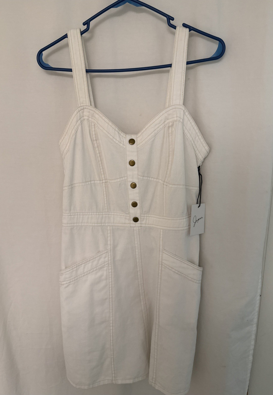NWT Japna Teen/Jr Size Large Ivory Denim Sweetheart Neck Strap Mini Dress Jumper